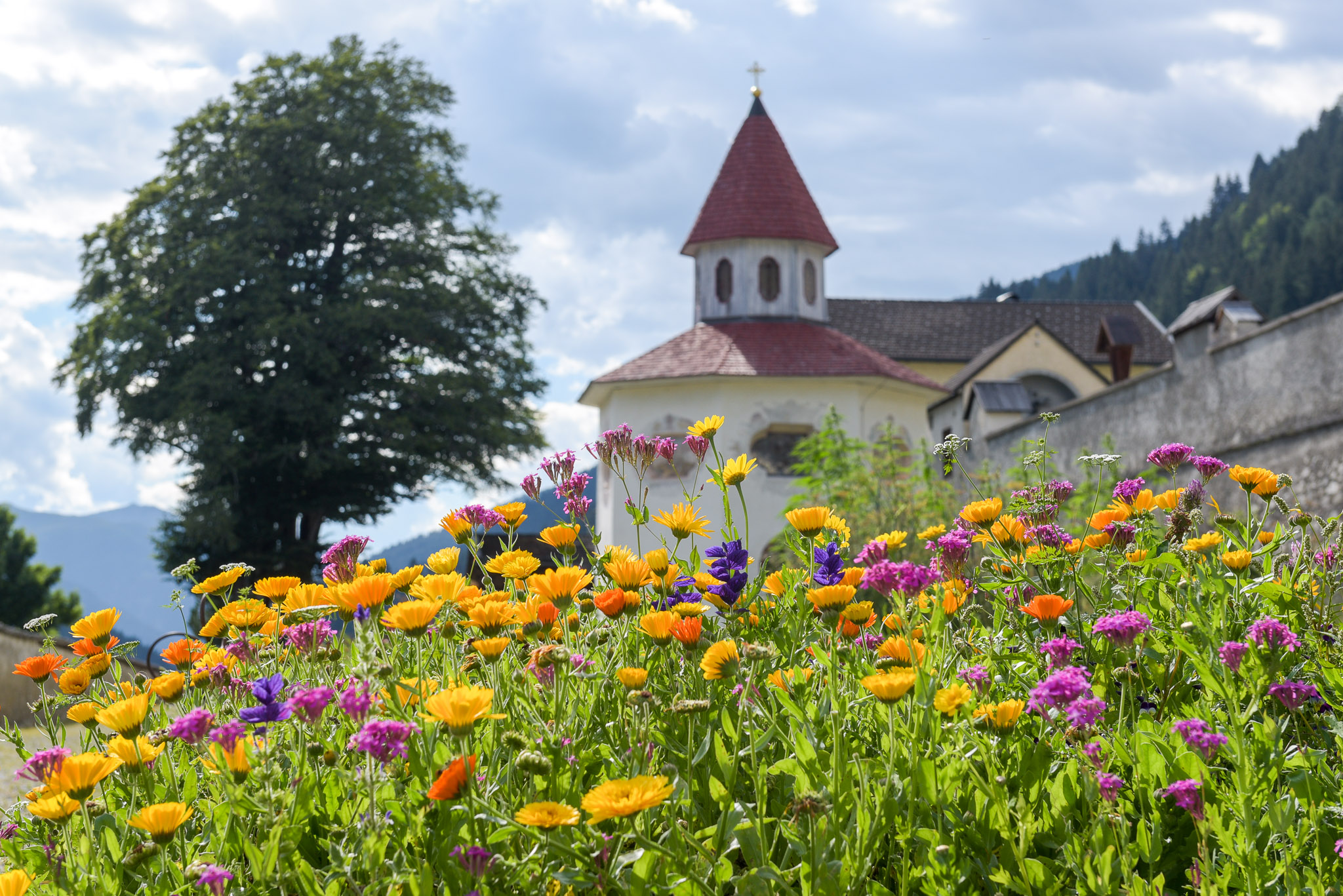 Buntes Blumenbeet mit Baum und Kapelle im Hintergrund